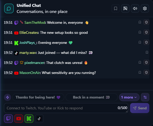 The real FeedNChat chat, with conversations from four platforms. English interface with demo data.