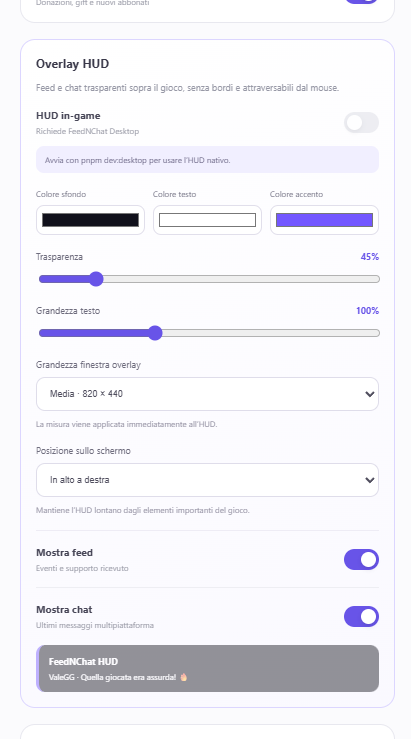 FeedNChat settings for configuring the in-game HUD overlay