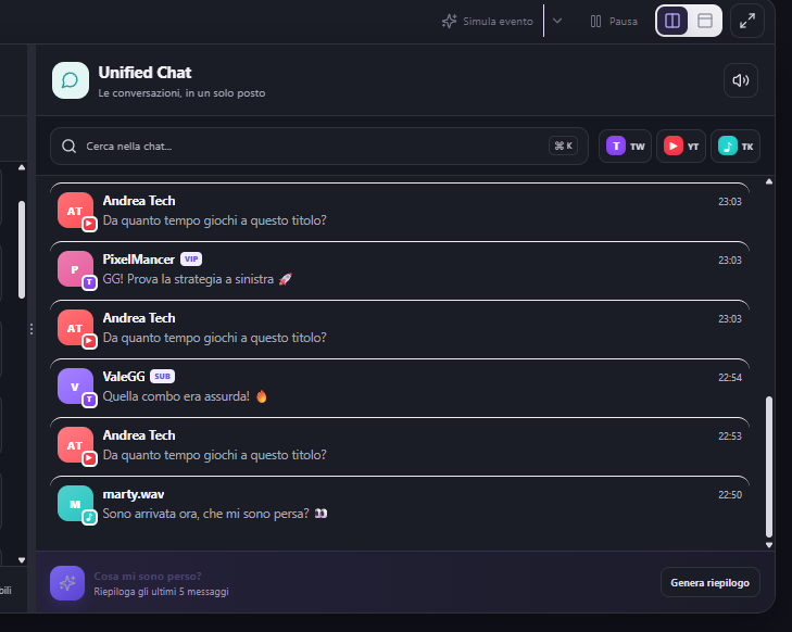 FeedNChat dark mode unified chat with platform badges and usernames
